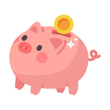 Adorable pink cartoon piggy bank with a shining golden coin symbolizing financial savings
