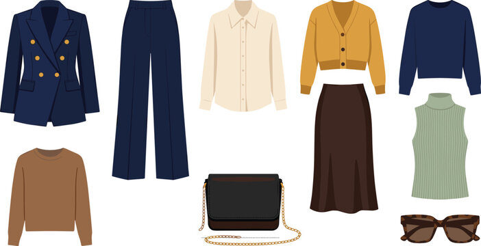Women Smart Casual Wardrobe Vector Set with Blazer Trousers Button Down Shirt Cardigan Skirt Sweaters Shoulder Bag and Sunglasses Illustration