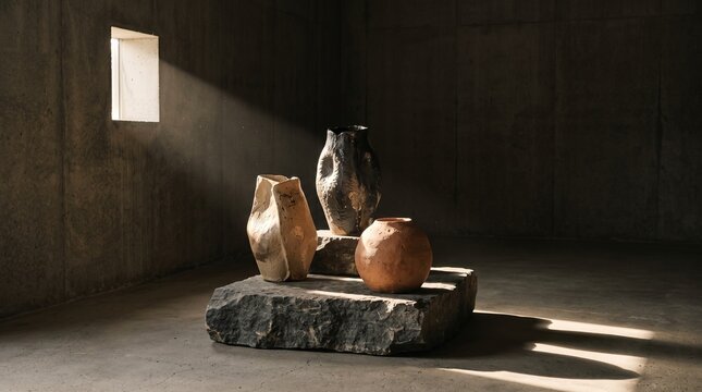 Photorealistic 8k minimalist gallery interior, abstract handmade ceramic vases on natural stone pedestal, raw concrete walls, dramatic sunlight beam through small window, moody shadows, wabi-sabi aest