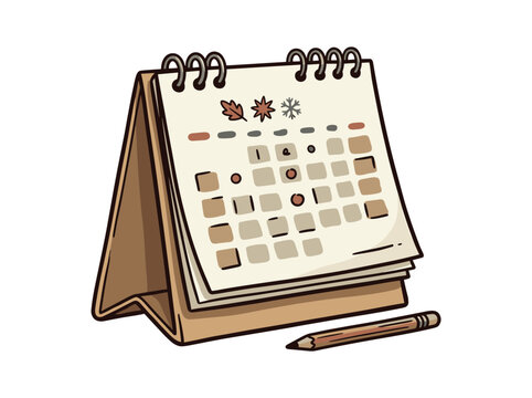 Desk calendar illustration with spiral binding and wooden stand alongside a pencil