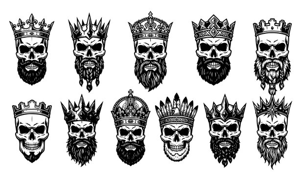 Crowned Bearded Skull Gothic Black White Tattoo Vector Illustration Set