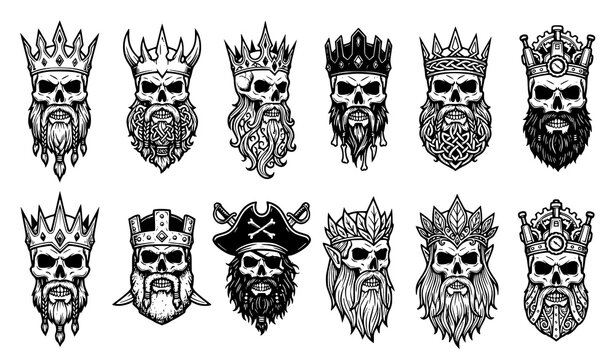 Royal Crown Bearded Skull Gothic Skeleton Black White Vector Collection