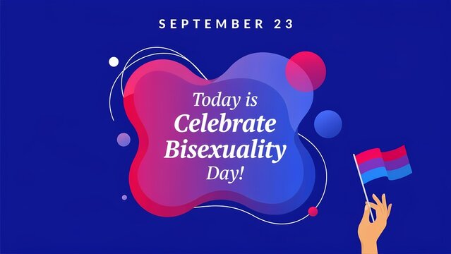 Celebrate bisexuality day banner with a hand holding a small pride flag on a dark blue background