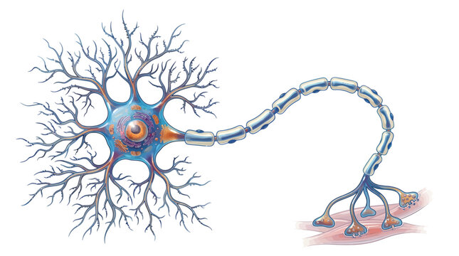 Scientific Illustration of a Neuron with Myelinated Axon and Nerve Cells