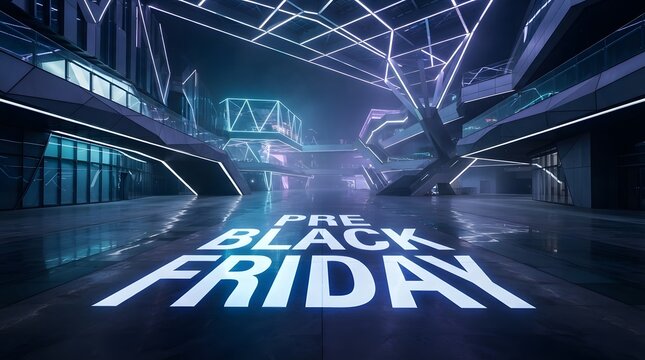 Black friday futuristic neon shopping mall corridor with glowing floor projection