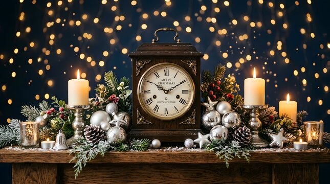 Vintage clock with Christmas decorations and candles
