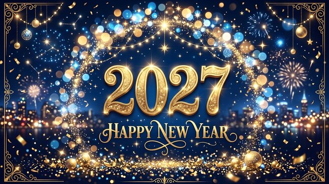 Happy new year 2027 greeting card with gold glitter lights
