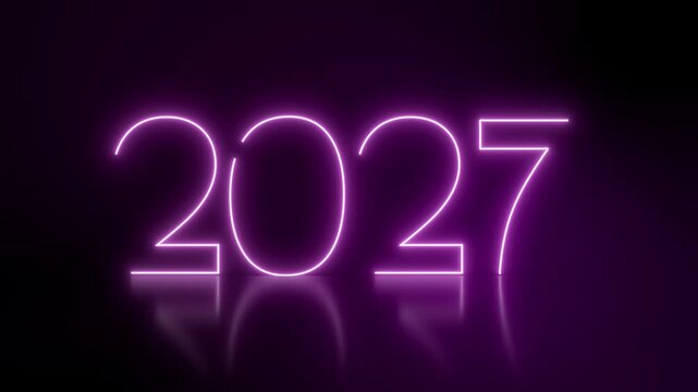 Video animation of abstract neon lights with the numbers 2027 in magenta over dark background on a reflective floor - represents the new year - vacation concept.