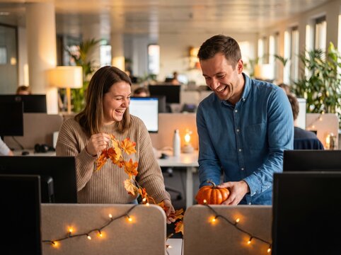 Coworker decorating office with autumn pumpkin and string light, sharing laughter during seasonal workplace celebration