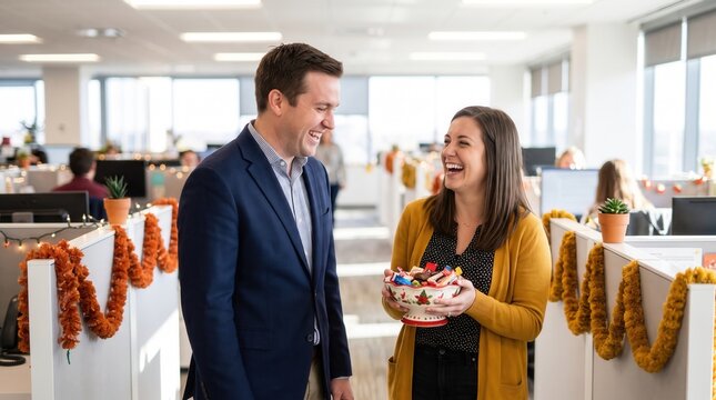Colleagues laughing in office while holding decorated gift box during festive workplace celebration, creating cheerful professional atmosphere with colorful seasonal decoration