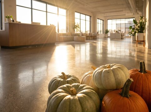 Pumpkin arrangement in sunlit modern office lobby with polished concrete floor and reception desk