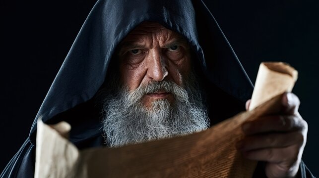 Older man with long gray beard and hooded black robe intensely reading an ancient rolled parchment, revealing wisdom, mystery, and knowledge in a dark, dramatic setting