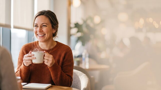 Woman holding coffee mug in bright office while smiling during relaxed conversation with coworker at modern workplace