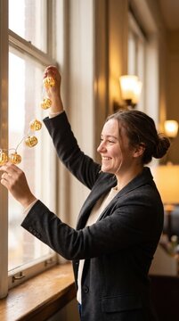 Woman hanging pumpkin garland beside sunlit window, smiling while decorating warm interior with seasonal autumn ornaments and festive golden light