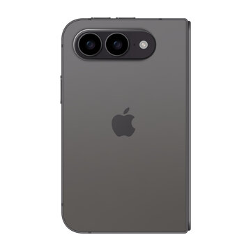 A design mockup of a conceptual folding Apple iPhone Ultra model from different angles, showing the large main screen when unfolded, the back panel with a dual camera module and logo.