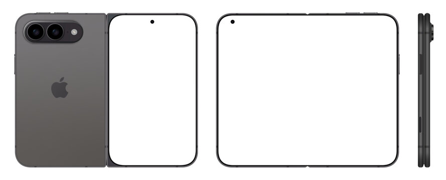 A design mockup of a conceptual folding Apple iPhone Ultra model from different angles, showing the large main screen when unfolded, the back panel with a dual camera module and logo.