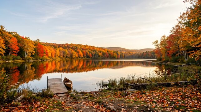 Thanks giving autumn landscape with a calm lake and colorful fall foliage trees
