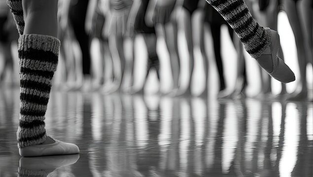 Black and white close-up of ballet dancers' legs and feet, reflecting on polished floor