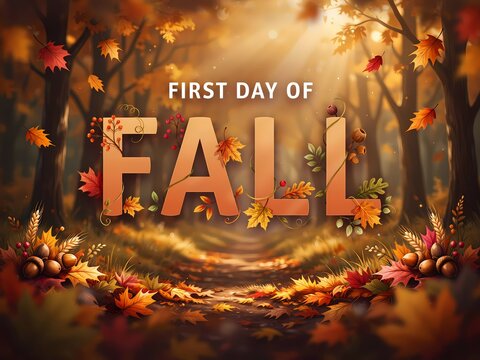 First day of fall text banner with colorful autumn leaves in a forest background