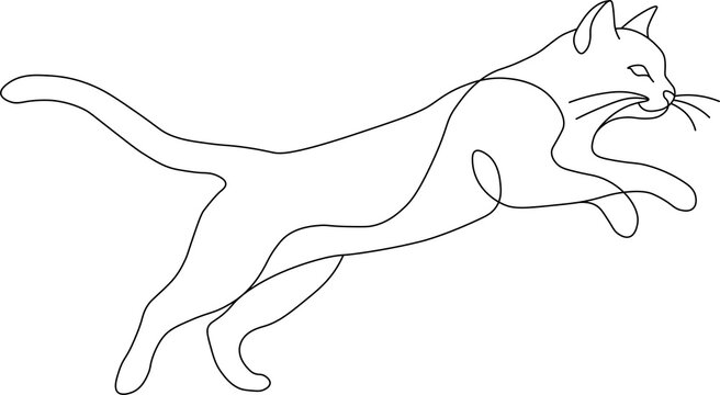 Continuous line drawing of a jumping cat in profile, minimalist style with one black stroke on a white background.