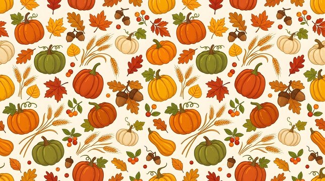 Thanks giving autumn harvest pattern featuring colorful pumpkins and seasonal leaves