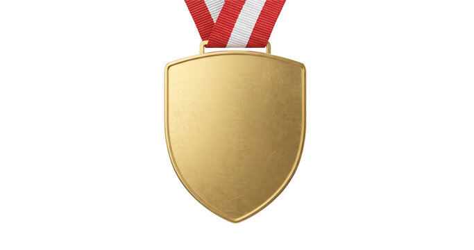 Shield shaped golden award hangs gracefully by a vertically striped red and white textile ribbon against a stark neutral background.