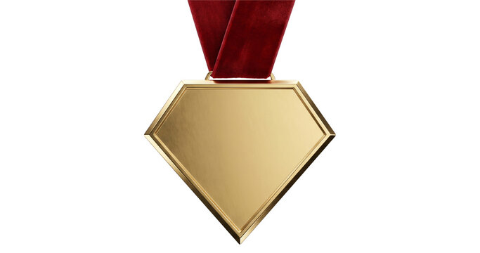 Rhombus geometric medallion showcases a brushed golden texture under soft lighting connected to a rich maroon fabric loop.