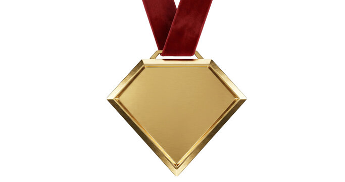 Diamond shaped metal medal exhibits a polished golden sheen texture suspended from a textured velvet burgundy strap on a pure white background.