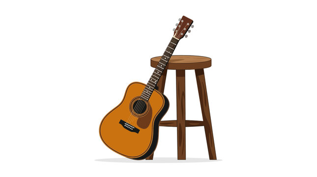 Acoustic Guitar Leaning Against Wooden Stool Vector Illustration