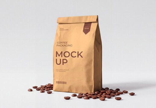 Coffee Packaging Bag Mockup with Coffee Beans