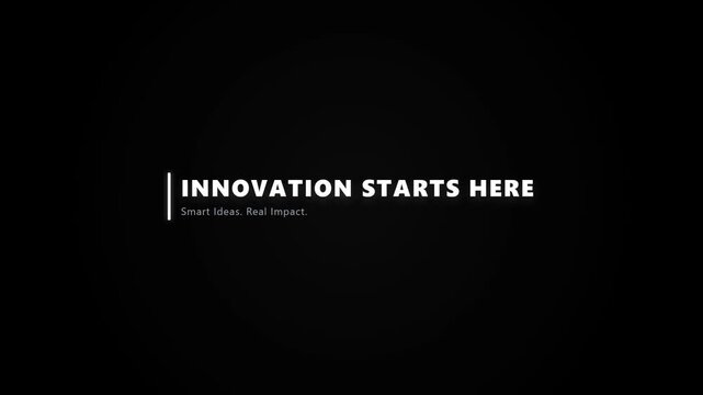 A minimalist corporate video title screen on a black background features the white text 'INNOVATION STARTS HERE' with the subtitle 'Smart Ideas. Real Impact.' in the upper left corner.