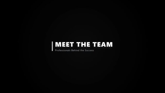 Corporate title sequence featuring 'MEET THE TEAM' with a subtitle. Clean white typography on a dark, subtly pulsing background.