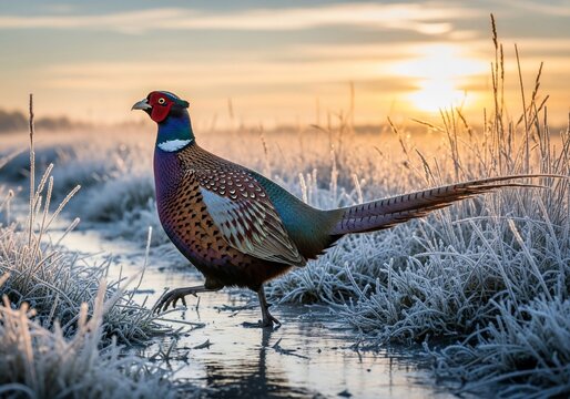 Dawn's Jewel: A Pheasant Steps Through Frost-Kissed Fields