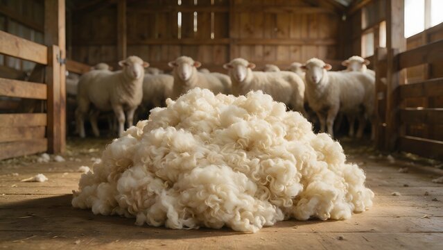 Large pile of freshly harvested sheep wool inside a rustic wooden barn, surrounded by sheep, representing farming, textile production and natural fiber