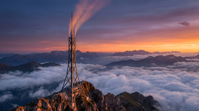Massive stratospheric aerosol injection geoengineering tower facility rising above mountain mist cloud layer at sunset for atmospheric planetary cooling and climate crisis mitigation visual