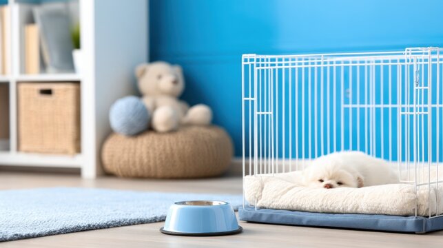 A cozy room featuring a dog lying in a crate, a toy bear, and a blue water bowl on the floor