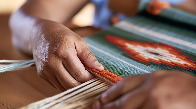 Skilled hands carefully weaving colorful threads into a traditional textile art pattern, demonstrating craftsmanship, cultural heritage, and the meticulous process of handcrafting on a loom