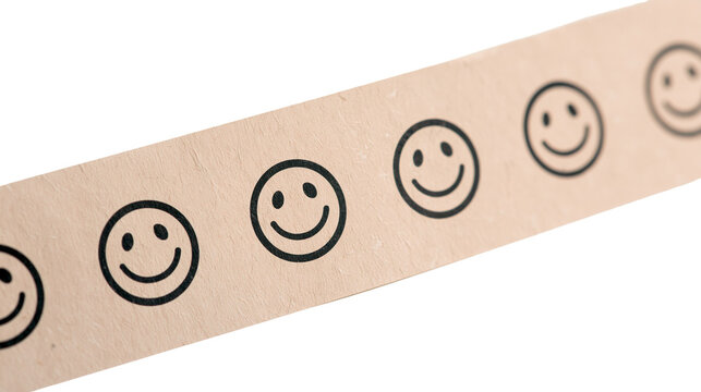 Row of black smiley faces printed on beige paper tape, isolated on transparent background