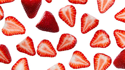 Fresh red strawberries whole and sliced, scattered across a clean surface isolated on transparent background © iPNG