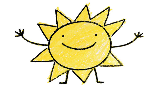 Happy yellow sun character with outstretched arms, isolated on transparent background