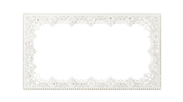 Ornate white lace doily frame with intricate floral patterns, isolated on transparent background