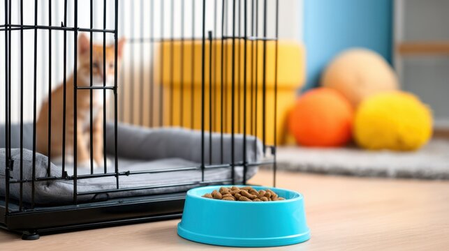 A kitten sits in a cage, looking out at colorful toys and a bowl of food nearby