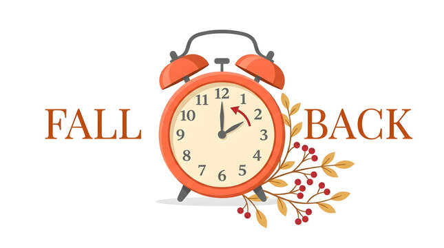 Daylight saving time fall back banner with red alarm clock and autumn leaves time change time shift