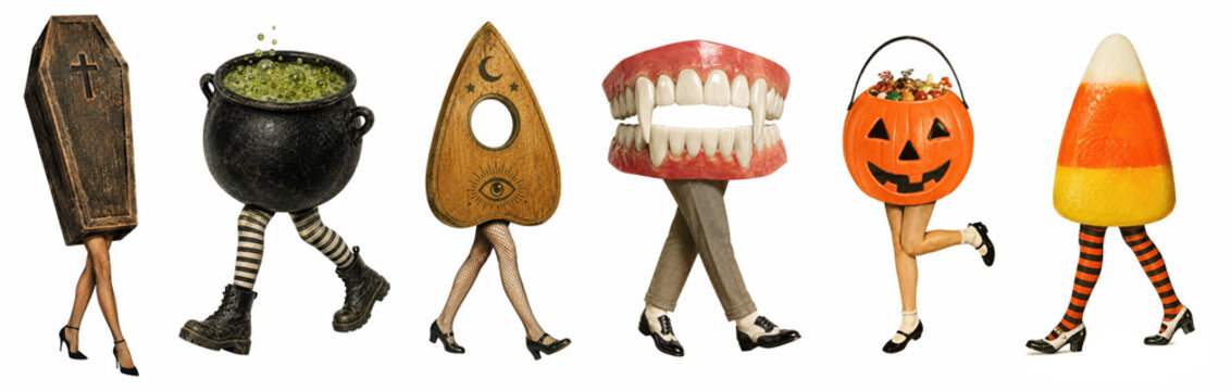 Halloween trick or treat, witchcraft and vampire fun. Coffin, cauldron with green potion, planchette, fangs, pumpkin candy pail and candy corn on walking legs, isolated on white