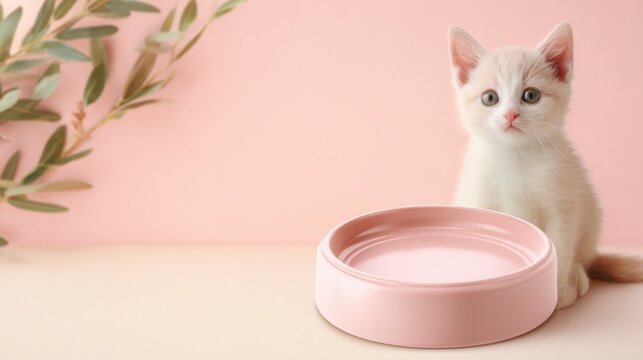 A fluffy kitten sits beside an empty pink bowl against a soft pastel background, evoking cuteness