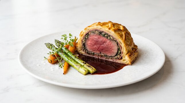 A Delicious Beef Wellington served with Asparagus and a rich Jus