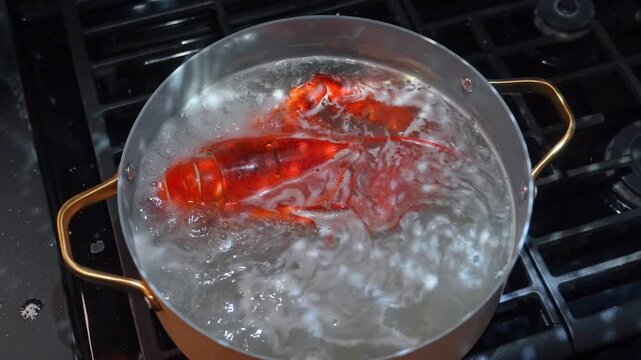 Bright red lobster cooking in pot of water. White bubbles swirl around the crustacean on a dark kitchen burner.