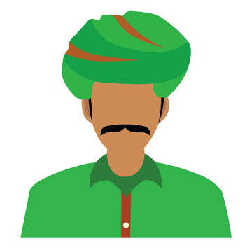 A flat vector illustration of an Indian man from a rural village or Rajasthan wearing a traditional green turban and a matching green kurta shirt with a mustache, isolated on a whiteArt & Illustration