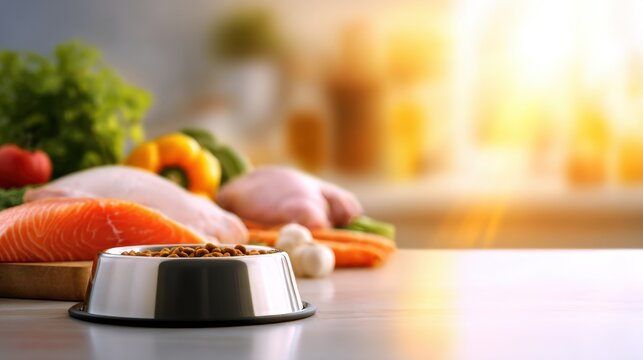 A pet food bowl surrounded by fresh ingredients including fish, meat, vegetables, and herbs