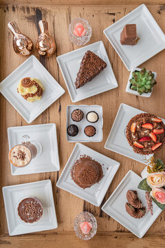 Overhead view brazilian sweets and chocolate brigadeiro desserts